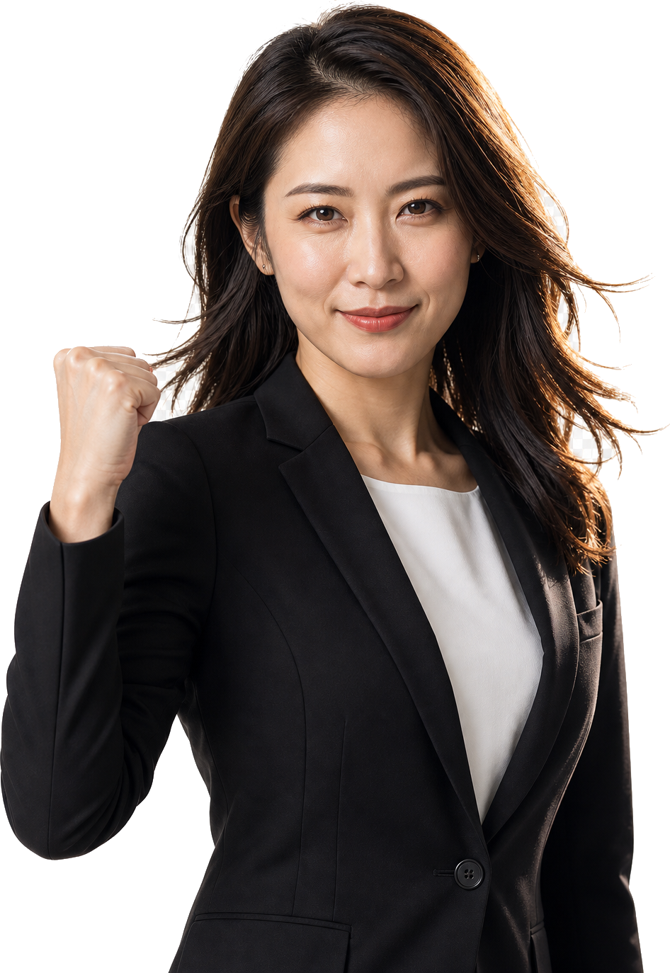 力強くガッツポーズをするスーツ姿の女性