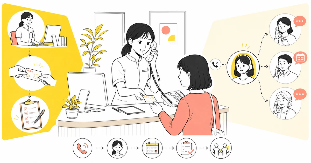 クリニック受付の来院対応と電話・予約フローを分けて整理するイラスト