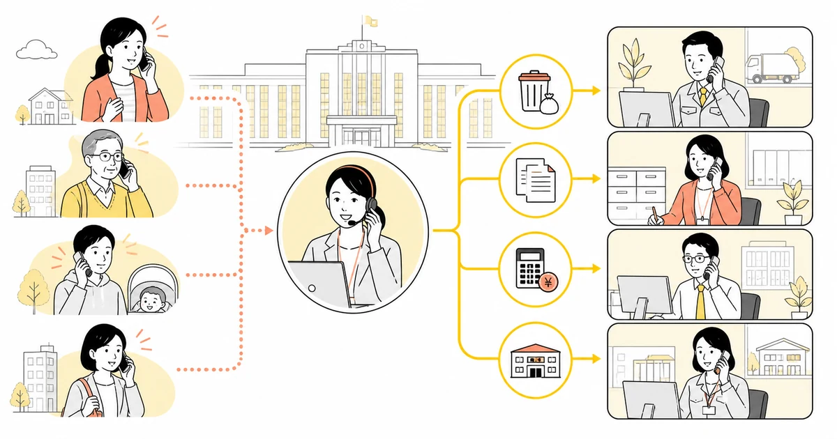 住民からの電話をAIが市役所の各担当課へ振り分けるイラスト