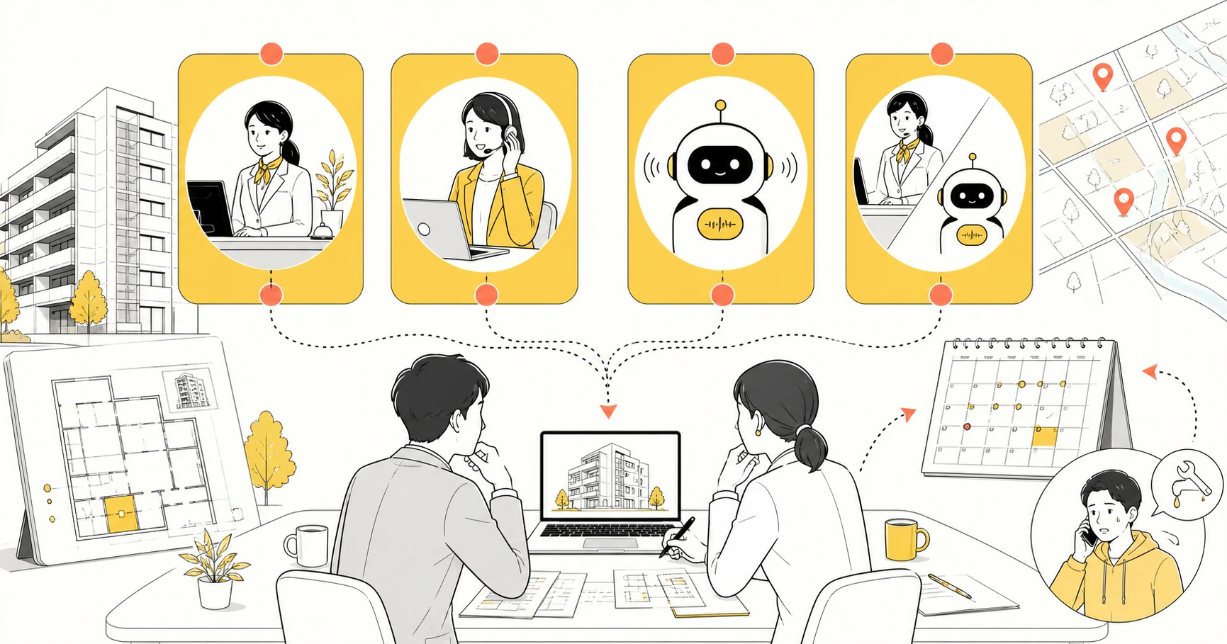 不動産会社の内製、有人電話代行、AI電話、ハイブリッドを比較するイラスト